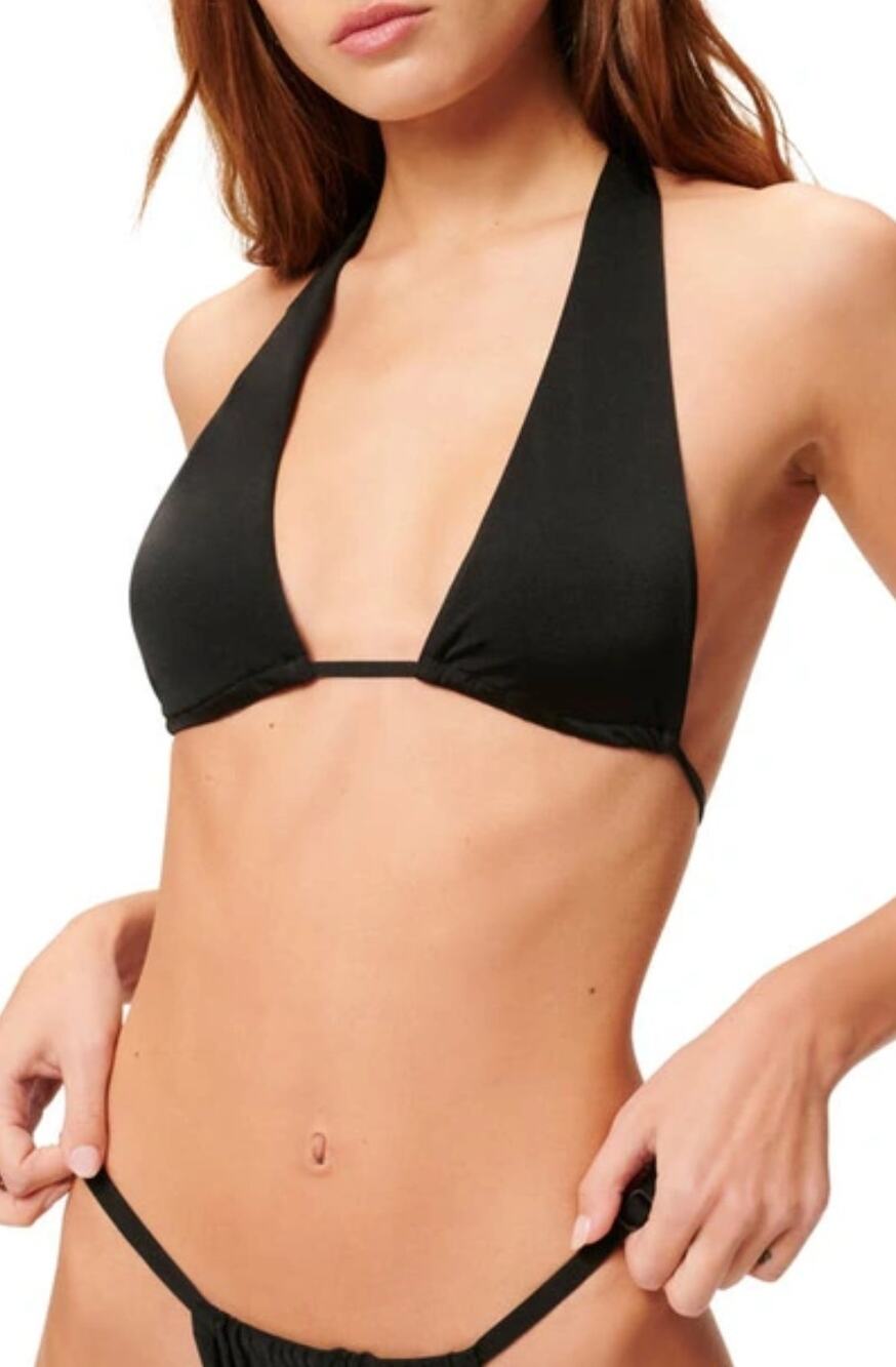 Good American Bikini Top Womens Size 5 18/20 Satin Ruched Halter Black Swim